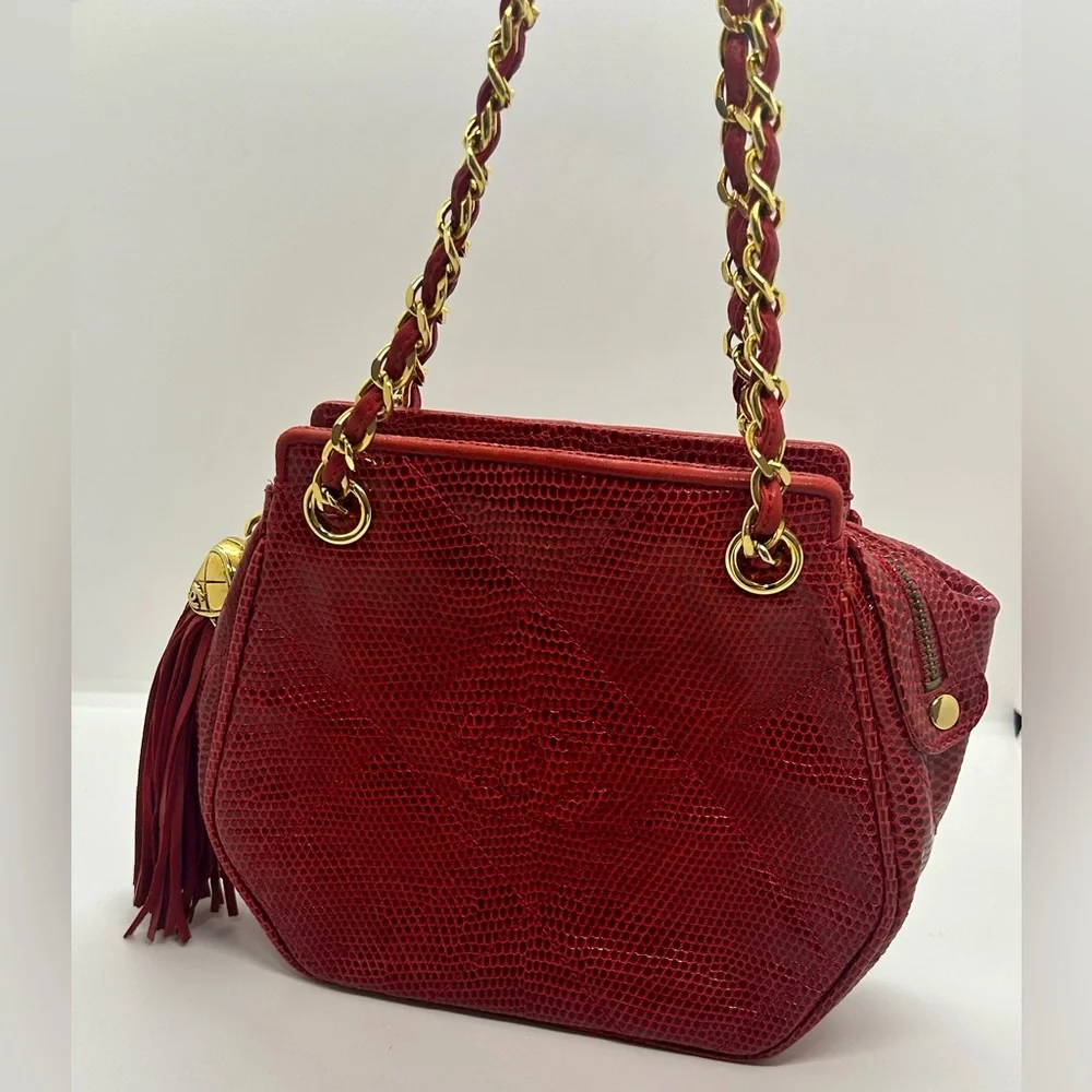 CHANEL Vintage Red Lizard Skin Hexagon Gold Chain Shoulder Bag